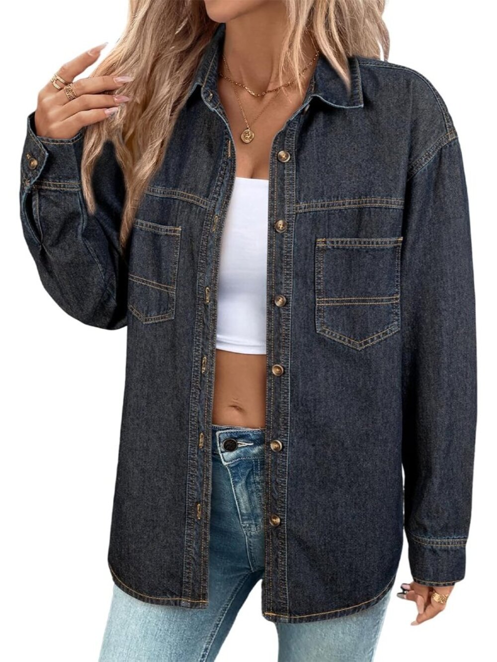 Women’s Vintage Blue V Neck Long Sleeve Button Down Oversized Casual Top Blouse